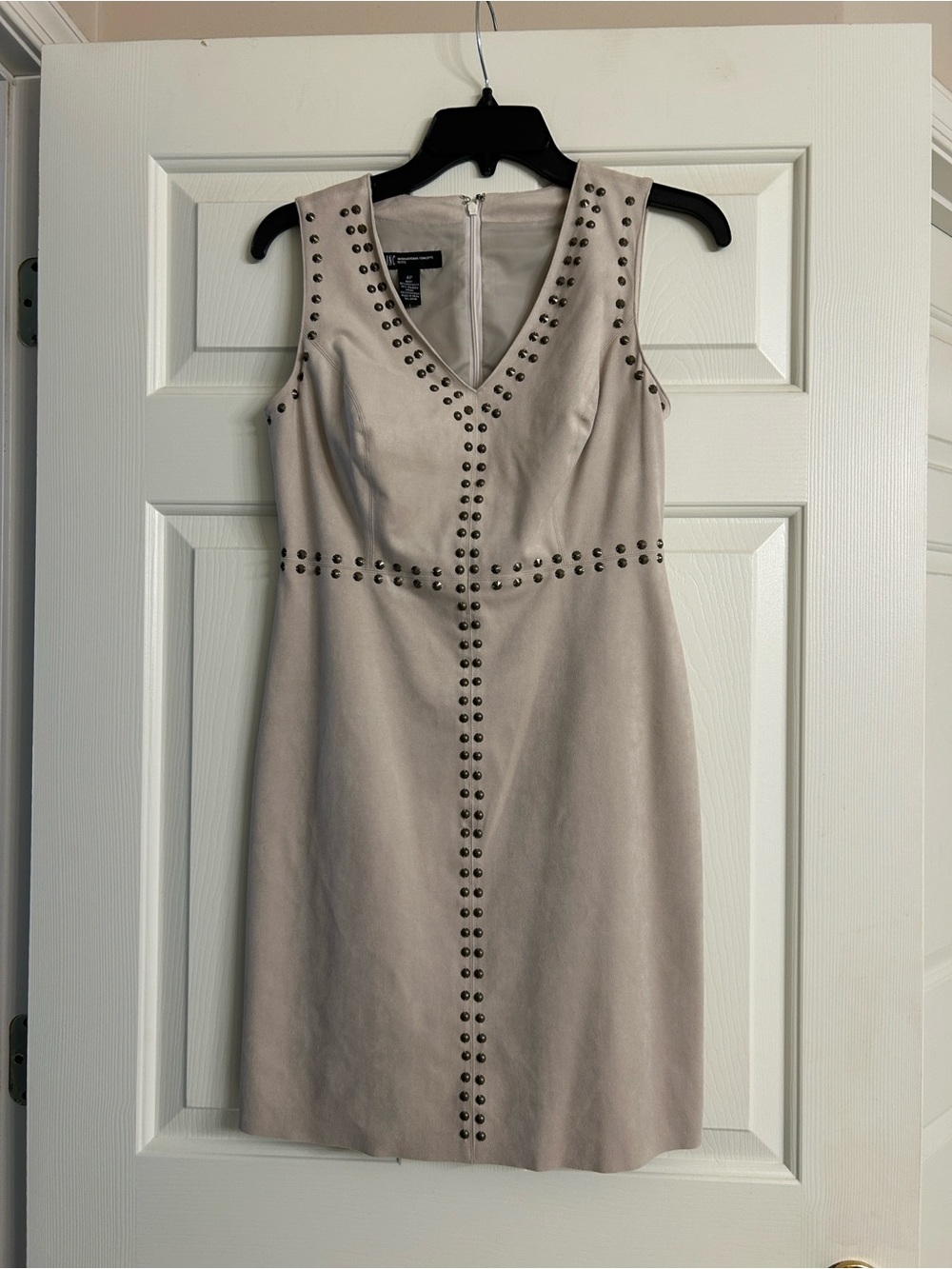 INC International Concepts Light Beige Studded V-Neck Sheath Dress